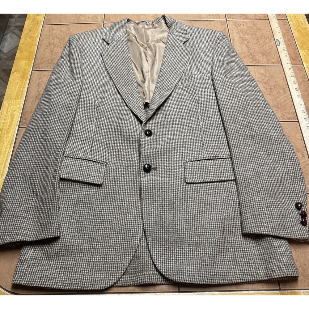 Vintage Sears Suit Jacket Sz 40R Tweed Wool Brown Houndstooth Sport Coat Blazer